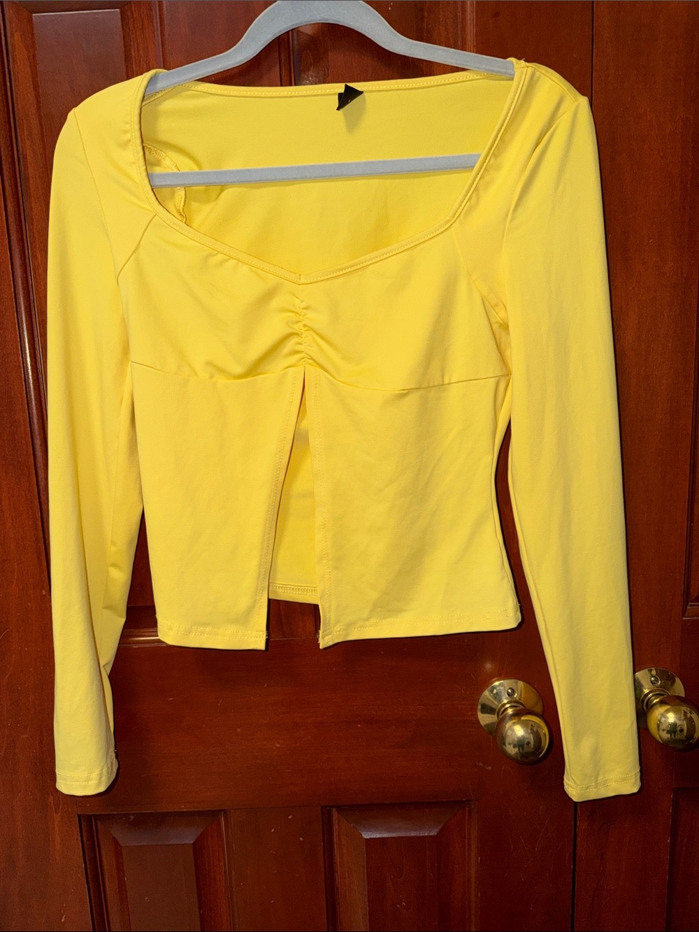 SHEIN Yellow Long-Sleeve Scoop Neck Top with Front Pleat